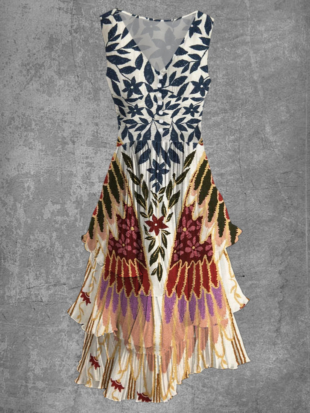 Abstract Leaf Print Sleeveless V-Neck Button Up Retro Midi Dress