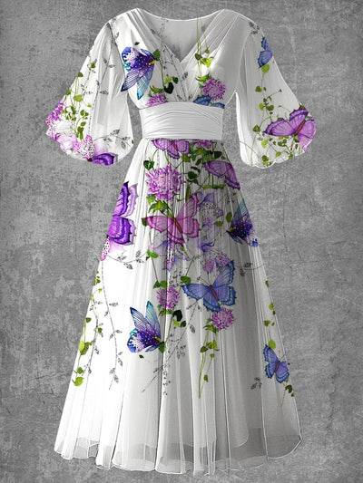 Butterfly Print Elegant V-Neck Chic Short Sleeve Vintage Maxi Dress