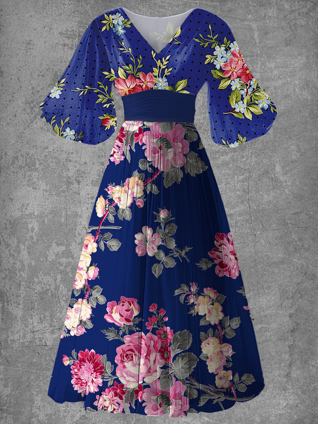 Vintage Floral Print Elegant V-Neck Chic Short Sleeve Maxi Dress