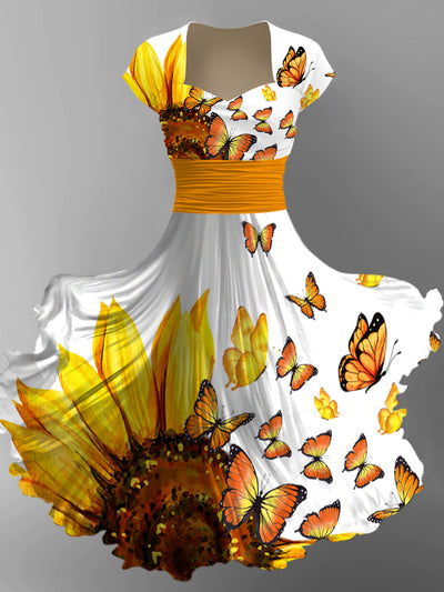 Sunflower Print V-Neck Vintage Chic Short Sleeve Midi Dress