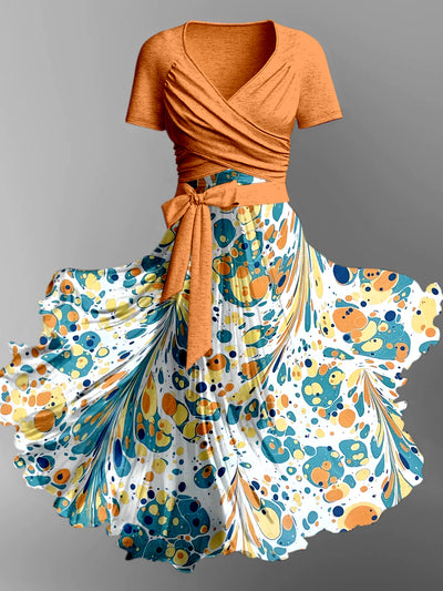 Glam Floral Art Printed Vintage Cross Fold Short Sleeve Two-Piece Midi Dress