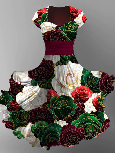 Rose Print V-Neck Vintage Chic Short Sleeve Midi Dress