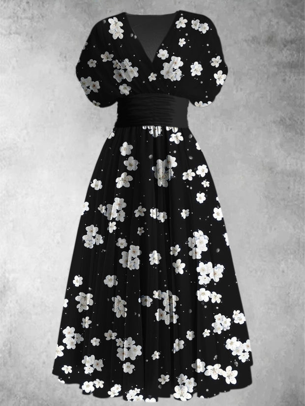 Black Floral Print Elegant V-Neck Chic Short Sleeve Retro Maxi Dress