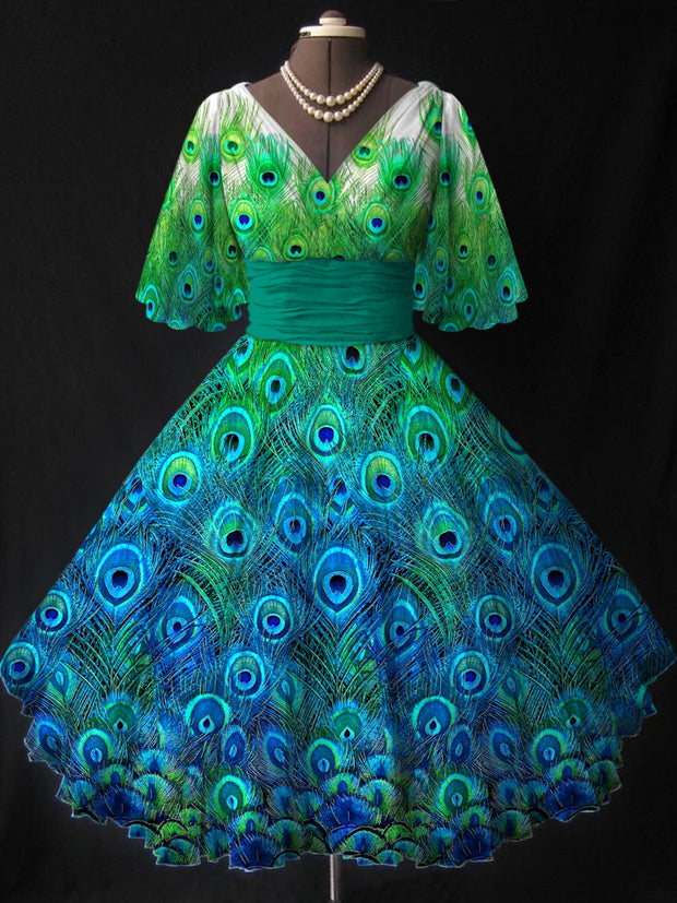 Peacock Feather Print V-Neck Vintage Fashion Short Sleeve Midi Dress