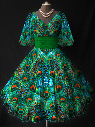 Peacock Feather Print V-Neck Vintage Fashion Short Sleeve Midi Dress
