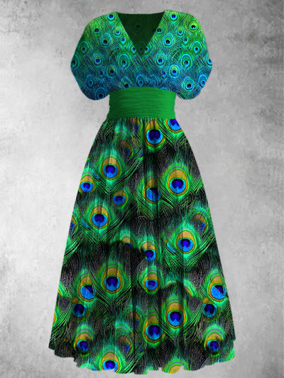 Peacock Feather Print Elegant V-Neck Chic Short Sleeve Retro Maxi Dress