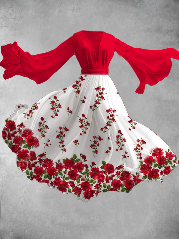 Vintage Floral Art Print V-Neck Elegant Chic Long Sleeve Flowing Midi Dress