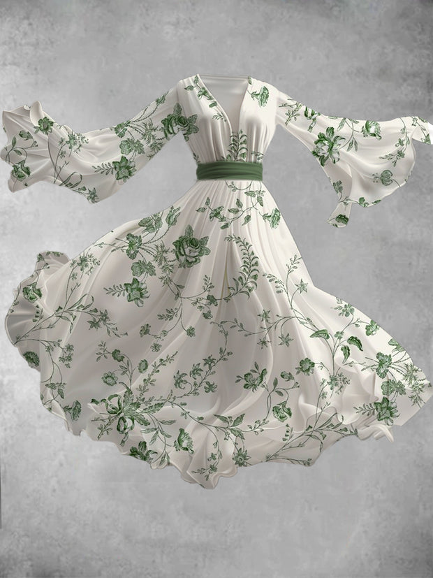 Vintage Floral Art Print V-Neck Elegant Chic Long Sleeve Flowing Midi Dress