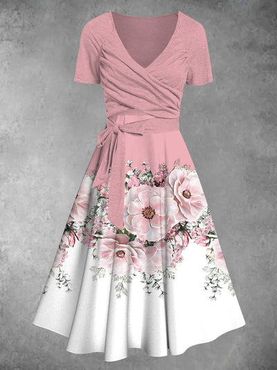 Vintage Floral Print Vintage Cross Fold Short Sleeve Two-Piece Midi Dress