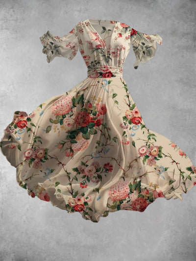 Vintage Floral Print V-Neck Elegant Chic Short Sleeve Flowy Midi Dress