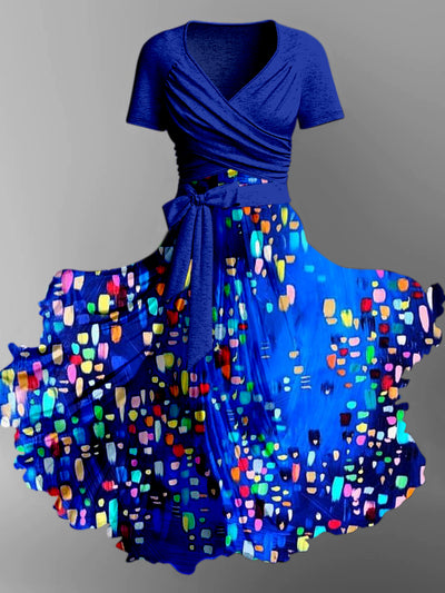 Colorful Print Vintage V-Neck Short Sleeve Two-Piece Midi Dress