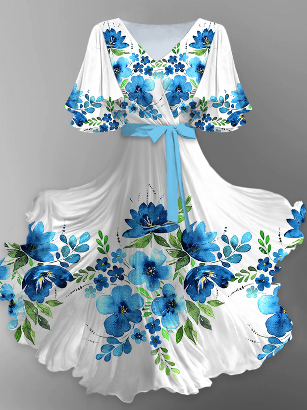 Floral Print V-Neck Vintage Chic Short Sleeve Midi Dress