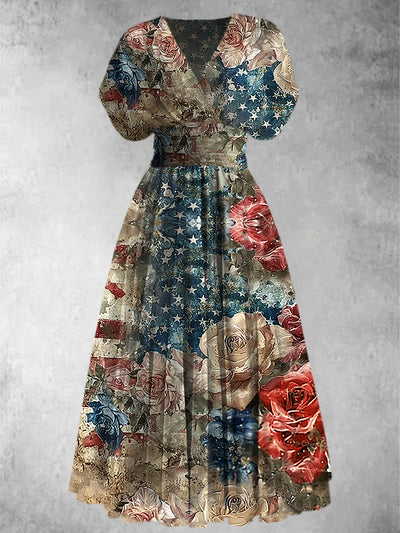 American Flag Floral Print Elegant V-Neck Chic Short Sleeve Maxi Dress