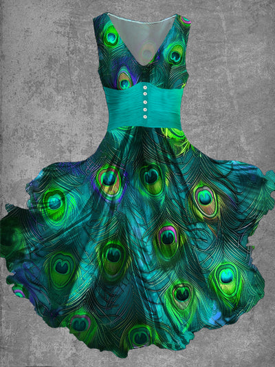 Peacock Feather Print Sleeveless V-Neck Button Retro Flowy Midi Dress