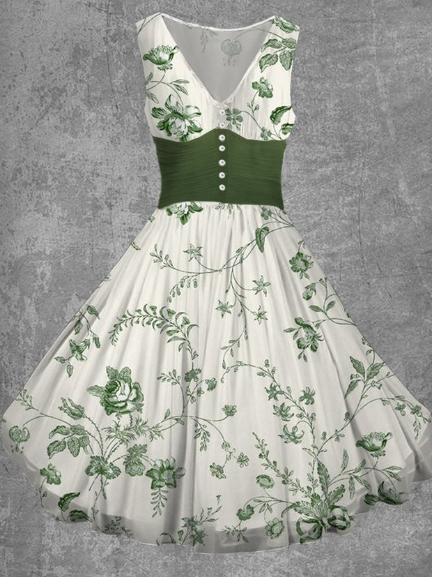 Floral Print Sleeveless V-Neck Button Chic Retro Flowy Midi Dress