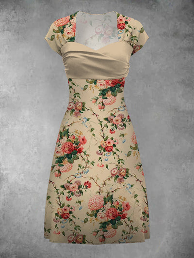 Vintage Floral Art Print Elegant Chic Short Sleeve Mini Dress