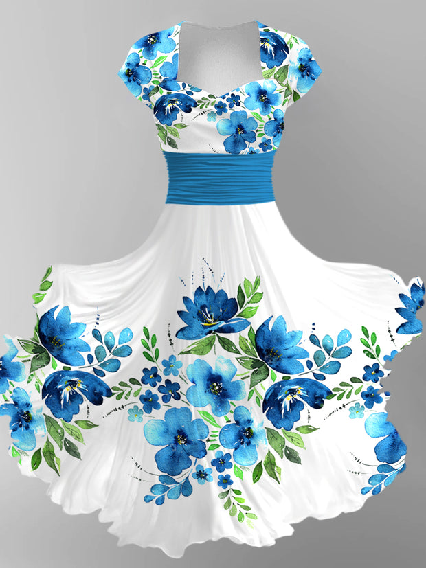 Floral Art Print V-Neck Vintage Chic Short Sleeve Midi Dress