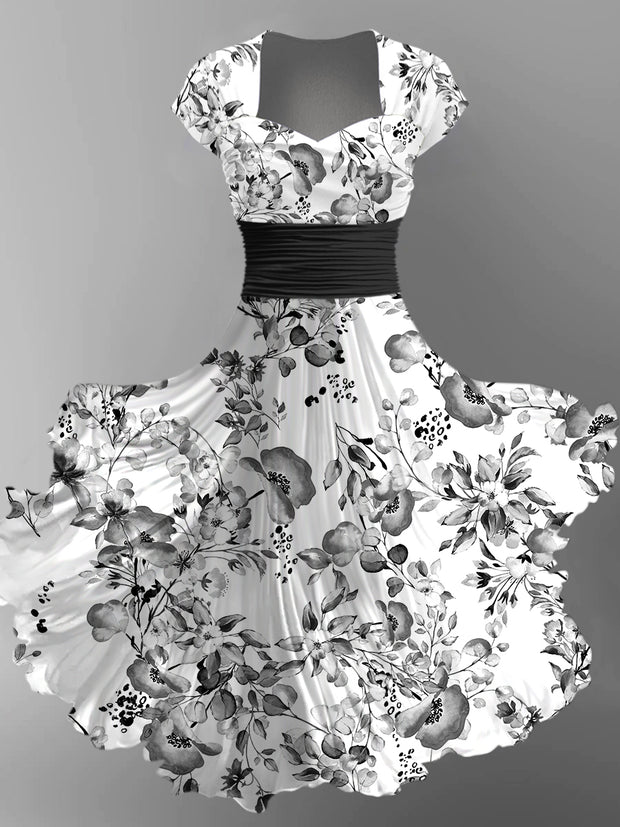Black Floral Art Print V-Neck Vintage Chic Short Sleeve Midi Dress