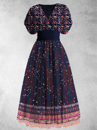 Boho Art Print Elegant V-Neck Vintage Chic Short Sleeve Maxi Dress