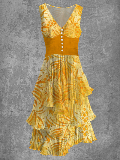 Yellow Leaf Print Sleeveless V-Neck Button Up Retro Midi Dress