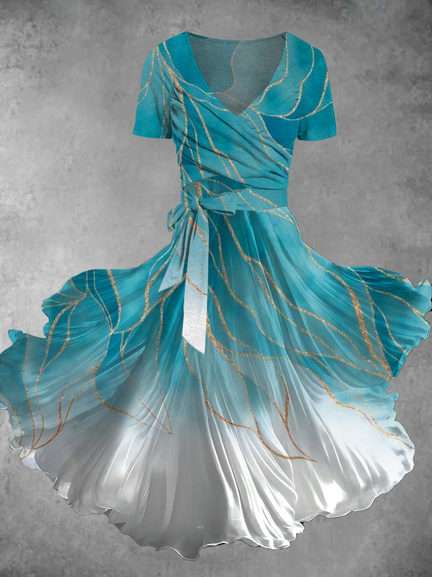 Gradient Color Print V-Neck Short Sleeve Two-Piece Midi Dress