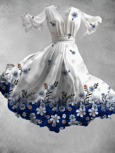 Floral Print Vintage V-Neck Short-Sleeve Flowy Midi Dress