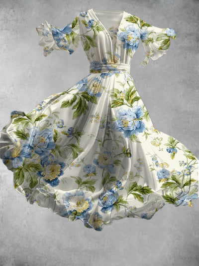Floral Print Vintage V-Neck Short-Sleeve Flowy Midi Dress
