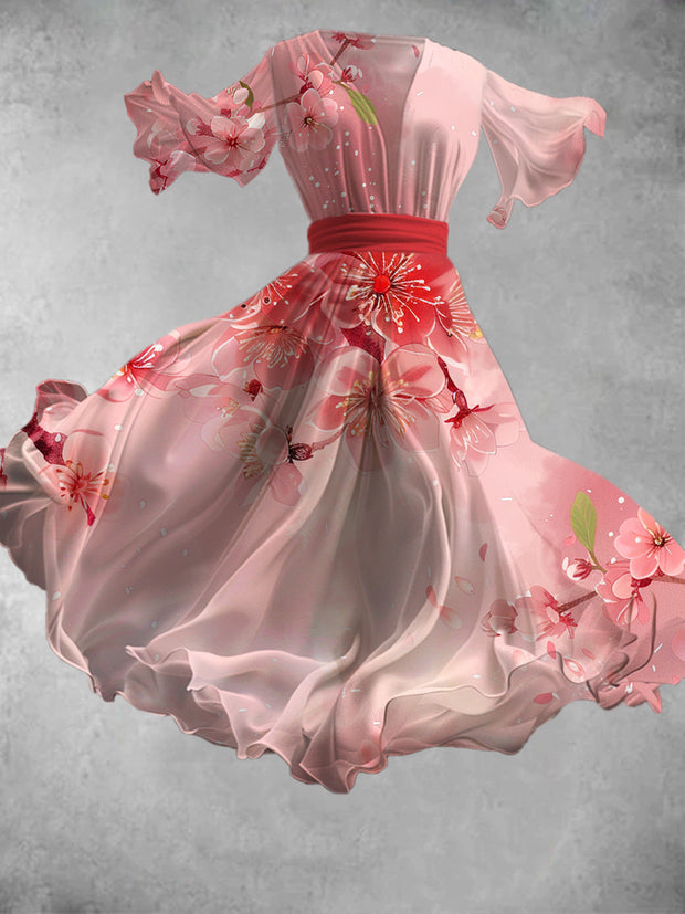 Floral Print Vintage V-Neck Short Sleeve Flowy Midi Dress