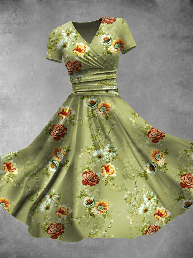 Vintage Floral Print V-Neck Short Sleeve Midi Dress