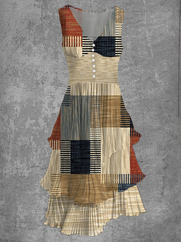 Abstract Patchwork Art Print Sleeveless V-Neck Button Up Retro Midi Dress