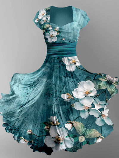 Floral Print Vintage Chic Short Sleeve Midi Dress