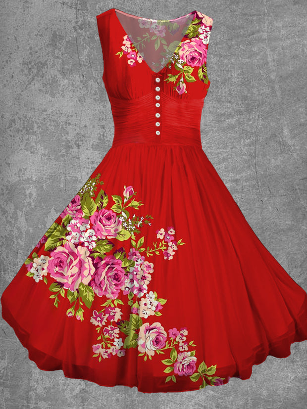 Floral Print Print Sleeveless V-Neck Button Up Retro Midi Dress