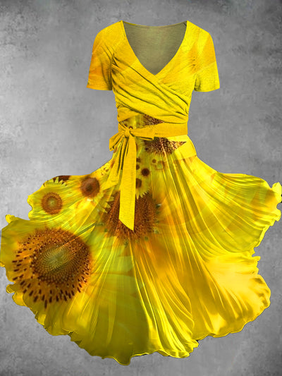 Floral Print Vintage V-Neck Short Sleeve Two Piece Midi Dress
