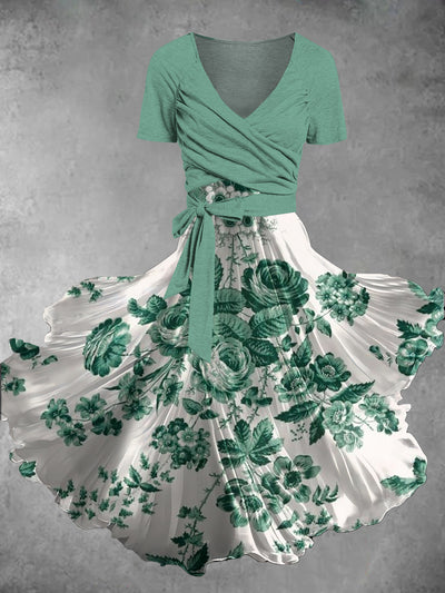 Vintage Floral Print V-Neck Short Sleeve Two Piece Midi Dress