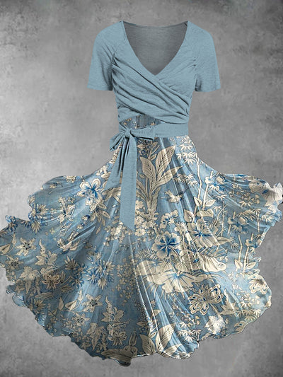 Vintage Floral Art Print V-Neck Short Sleeve Two Piece Midi Dress