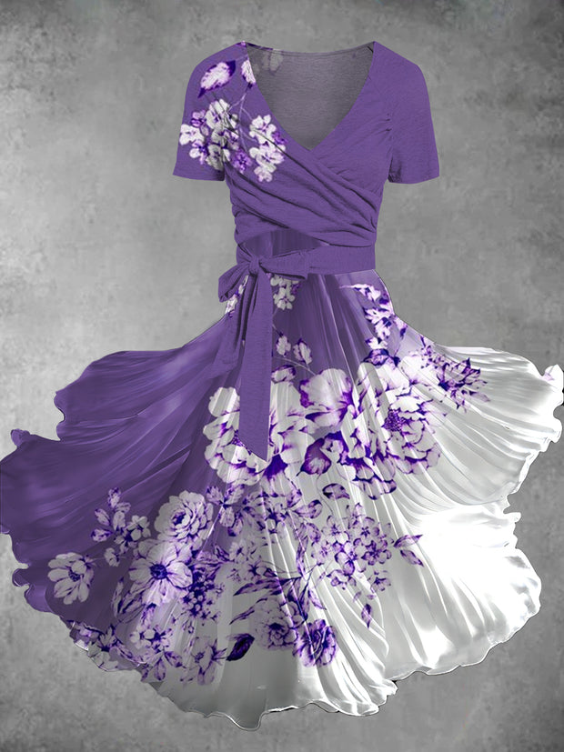Vintage Floral Print V-Neck Short Sleeve Two Piece Midi Dress
