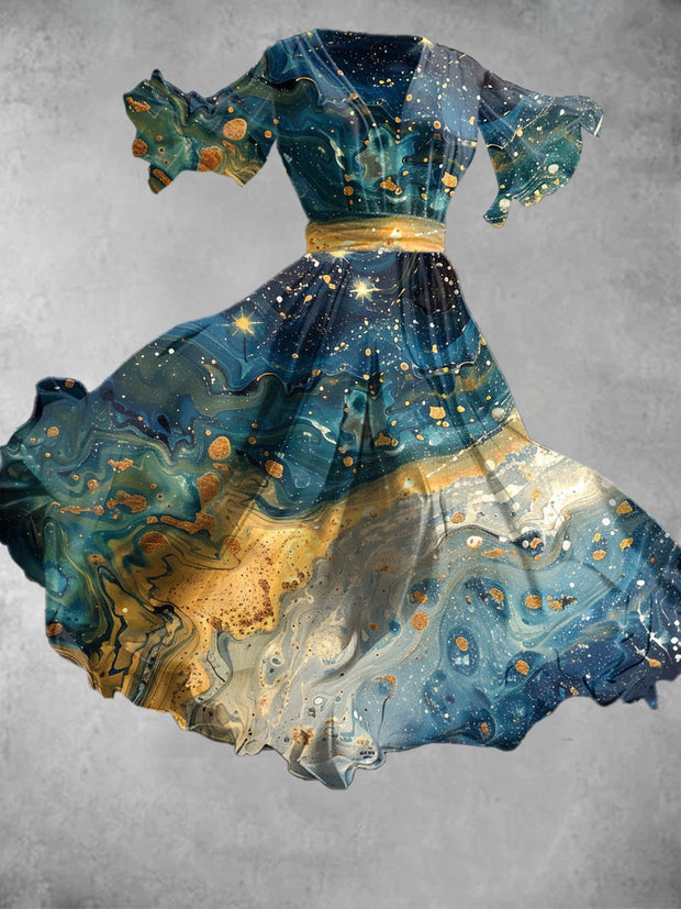 Abstract Marble Art Print V-Neck Vintage Chic Short Sleeve Flowy Midi Dress