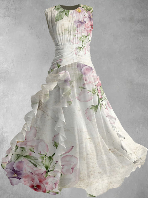 Retro Floral Art Printed Vintage Elegant Chic Chiffon Sleeveless Maxi Dress