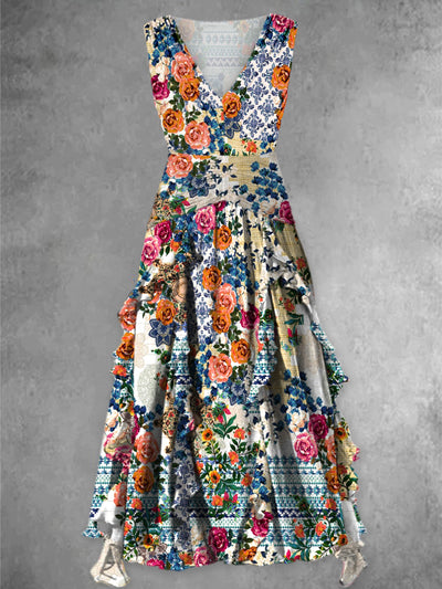 Retro Floral Art Print V-Neck Chic Sleeveless Maxi Dress