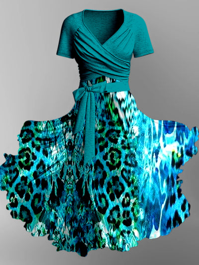 Leopard Print Vintage V-Neck Short Sleeve Two-Piece Midi Dress