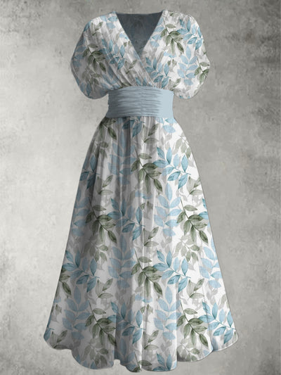 Leaf Print Elegant V-Neck Vintage Chic Short Sleeve Maxi Dress