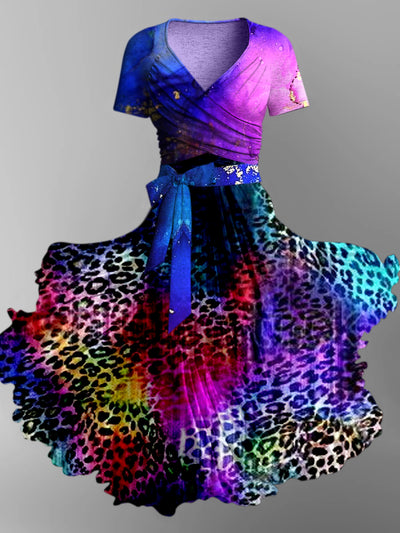 Colorful Leopard Print Vintage V-Neck Short Sleeve Two-Piece Midi Dress