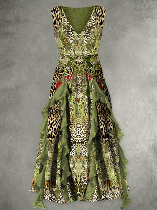 Gradient Leopard Print Vintage V-Neck Sleeveless Midi Dress