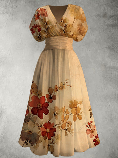 Retro Floral Art Print Elegant V-Neck Chic Short Sleeve Maxi Dress