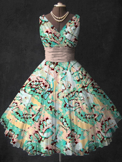 Glam Leopard Art Print V-Neck Vintage Fashion Sleeveless Midi Dress