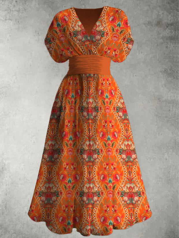Retro Boho Art Print Elegant V-Neck Chic Short Sleeve Maxi Dress