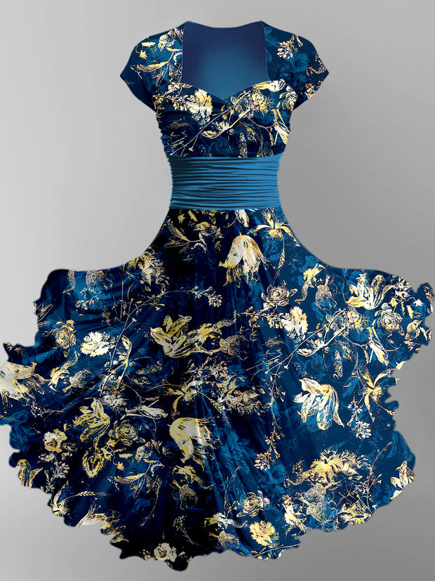 Retro Floral Print Vintage Chic Short Sleeve Midi Dress