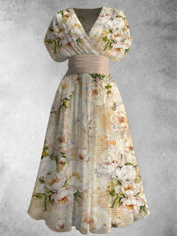 Floral Art Print Elegant V-Neck Vintage Chic Short Sleeve Maxi Dress