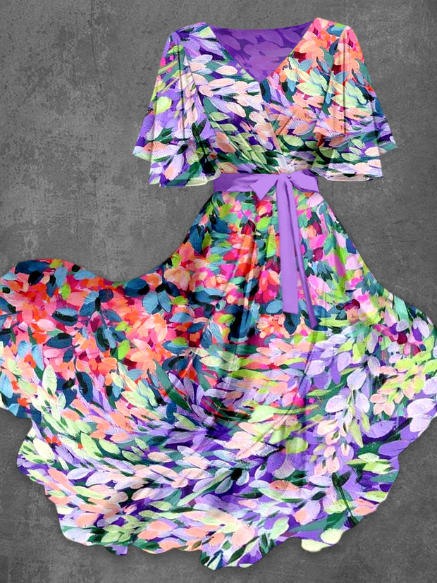 Colorful Leaf Print V-Neck Vintage Chic Short Sleeve Midi Dress