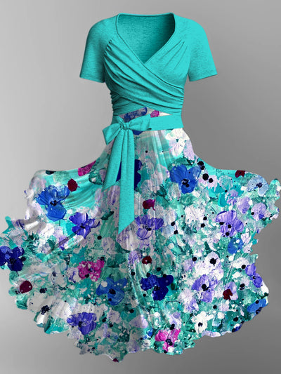 Floral Print Vintage V-Neck Short Sleeve Two-Piece Midi Dress
